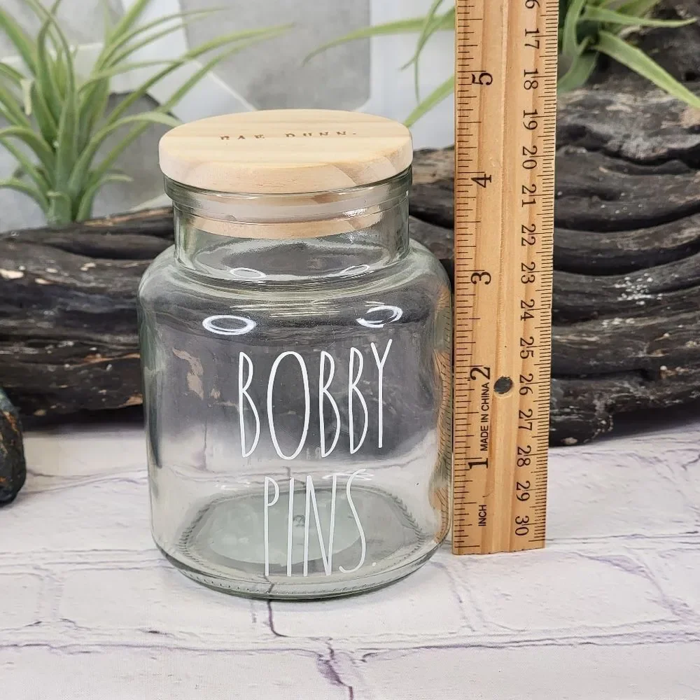 Rae Dunn BOBBY PINS Glass Jar Storage Container with Wooden Lid